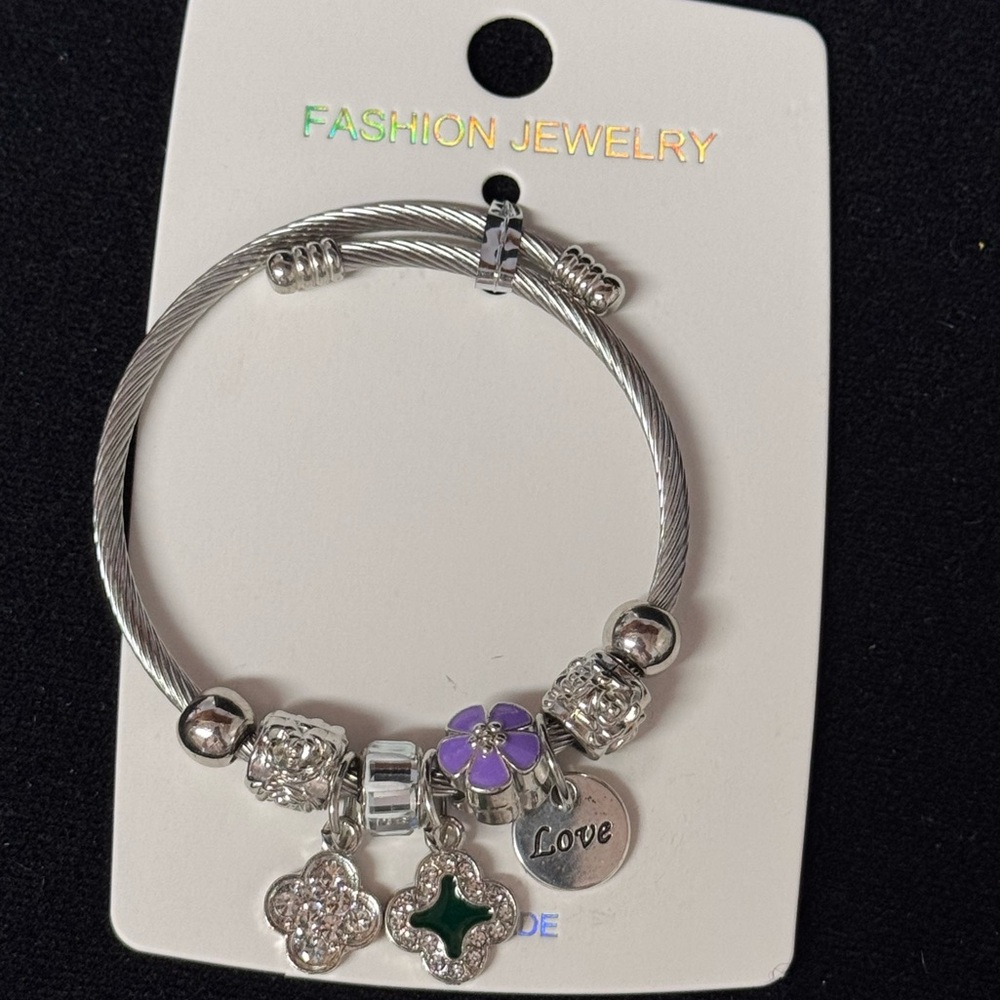 Stainless Steel  Green & Purple Floral Clover Love Charm Bracelet